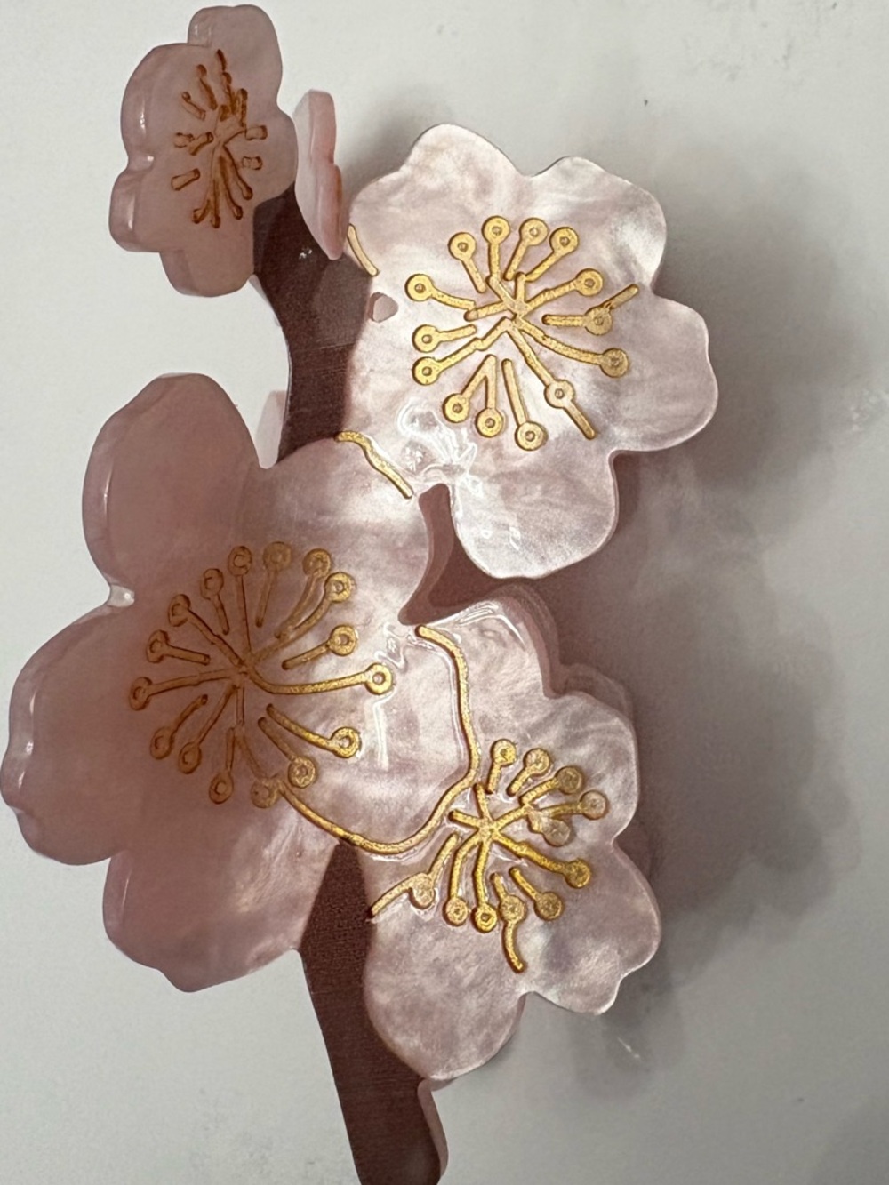 Anthropologie Pink Floral Acrylic Hair Clip with Gold Detail